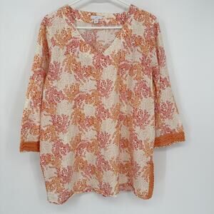 J Jill Tunic Top Womens Medium Orange Coral Print Linen Cotton Boho 3/4 Sleeve